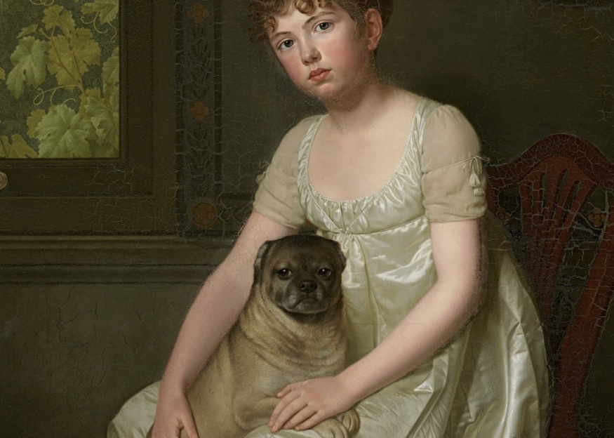 Portrait of Sylvie de la Rue with her pug in 1806 by Francis van der Donckt