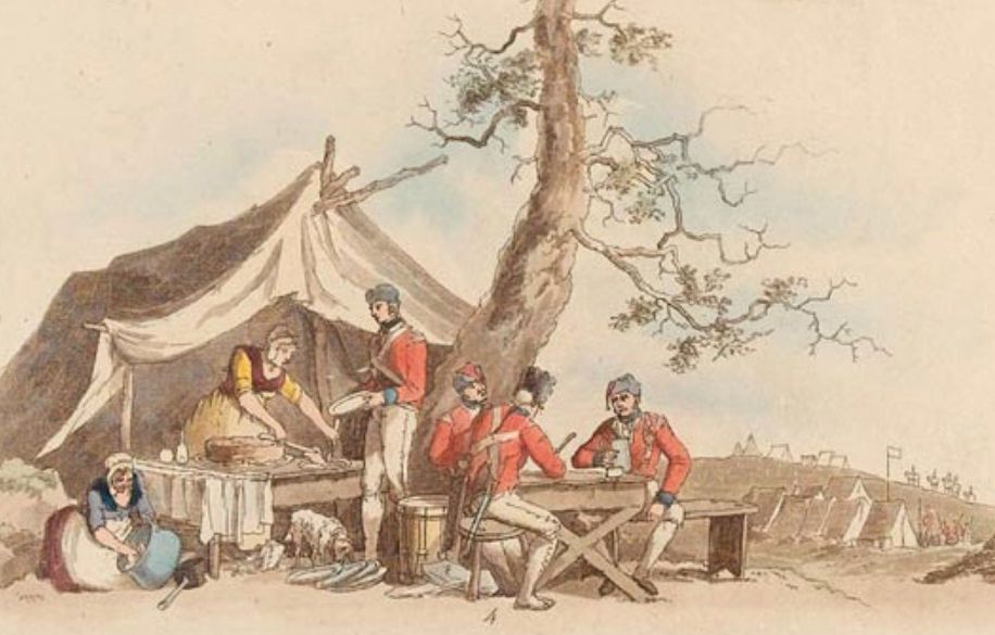 Dog licking plates at a sutler's tent by William Henry Pyne. (pub. 1797)